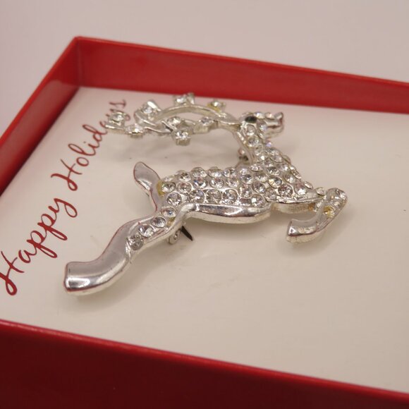 Reindeer Silver Tone Rhinestone Brooch - Picture 4 of 8